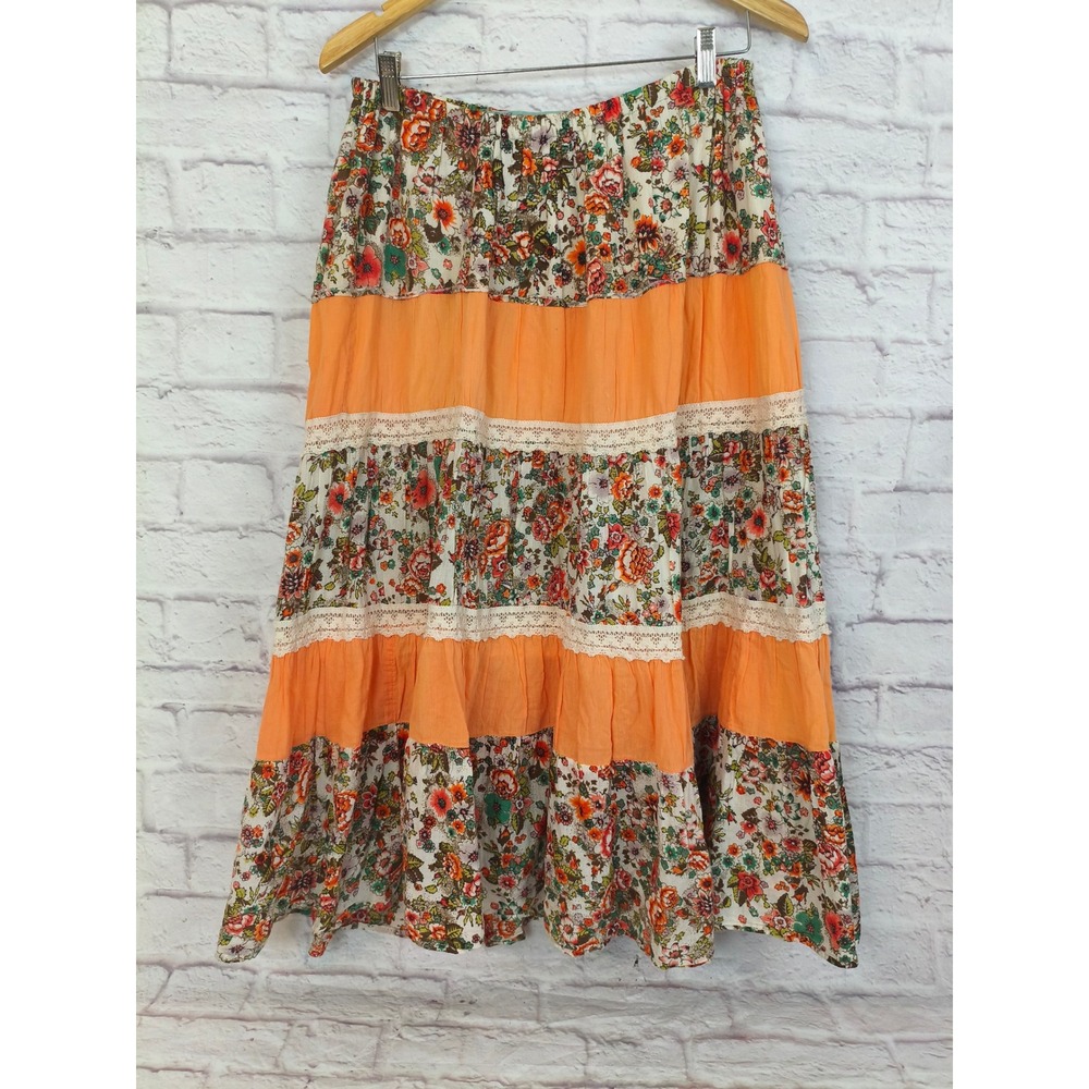 Boho Butterfly Floral Tiered Maxi Skirt Orange Cream Lace L/XL (see measure)